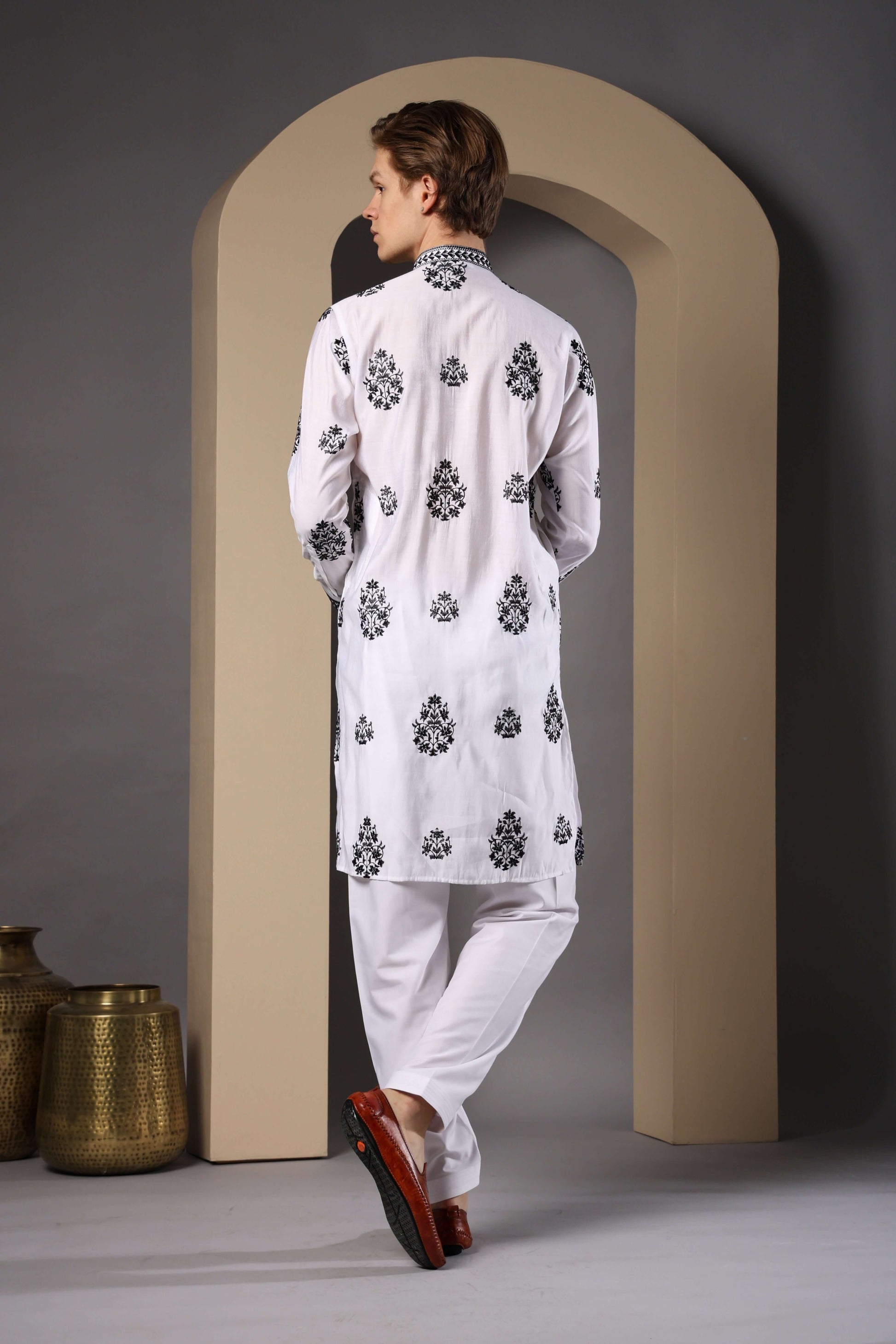 Kiya Silk Embroidered White Kurta with Dupatta for Men – traditional Indian white kurta set for grooms and pujas by Crease India