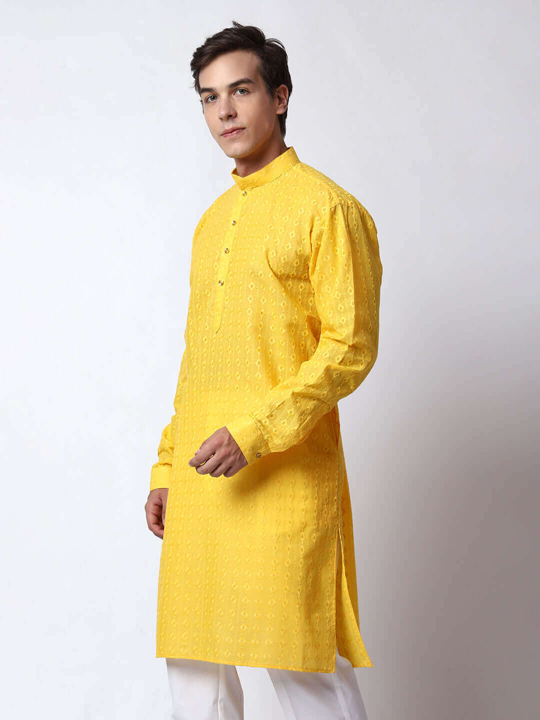 Yellow Chikankari Kurta for Men, perfect for Indian wedding haldi functions, festivals, casual outings, office ethnic day wear, and other occasions. Shop this chikankari kurta for male on Crease India Website.