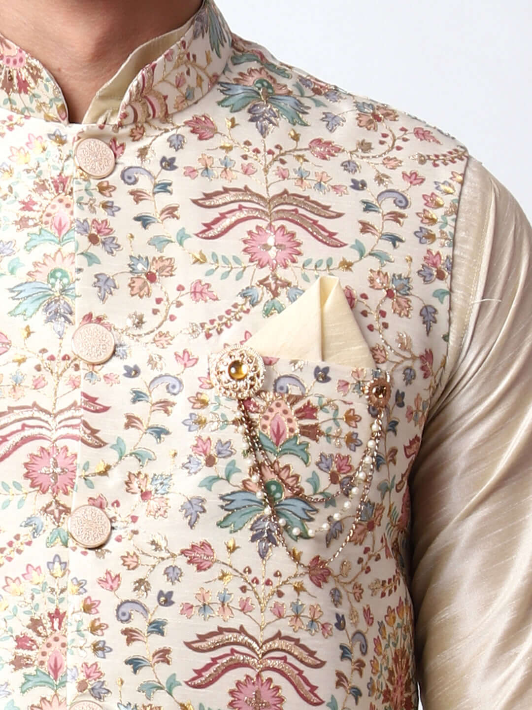 Zari Cream kurta with nehru jacket for men which is made up of dupion silk and has zari embroidery on it. Shop this cream designer wedding kurta jacket set for male from Crease India website.