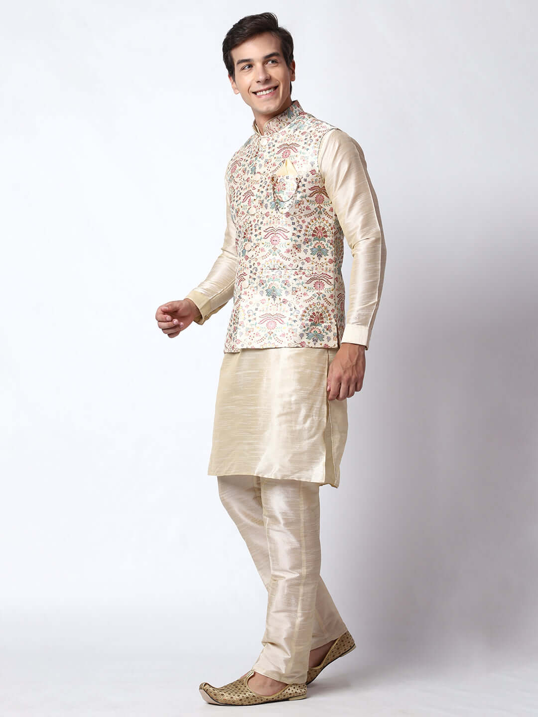 Zari Cream kurta with nehru jacket for men which is made up of dupion silk and has zari embroidery on it. Shop this cream designer wedding kurta jacket set for male from Crease India website.