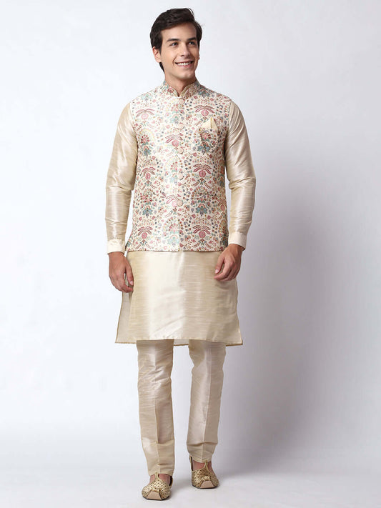 Zari Cream kurta with nehru jacket for men which is made up of dupion silk and has zari embroidery on it. Shop this cream designer wedding kurta jacket set for male from Crease India website.