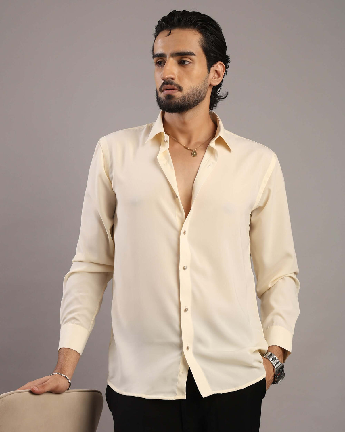 Men’s Cream Solid Korean Party Wear Shirt | Crease India