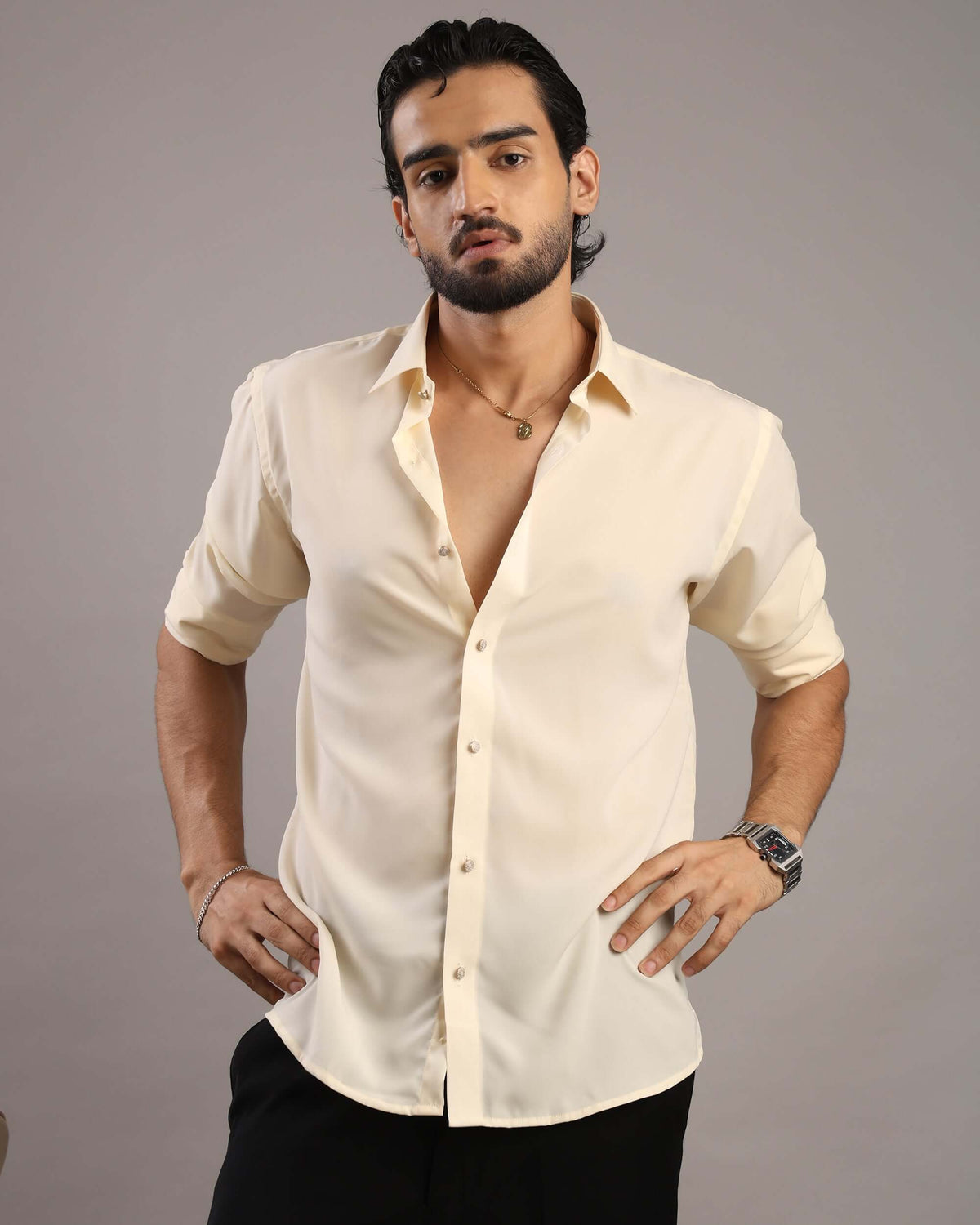 Men’s Cream Solid Korean Party Wear Shirt | Crease India