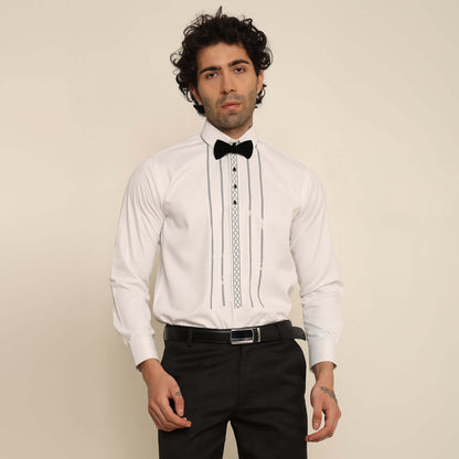 Pleated Crystal Designer White Tuxedo Shirt for Men which is made up of satin and has pleats & crystal work at the front. Perfect designer formal wear white shirt for weddings and black tie events by Crease India.