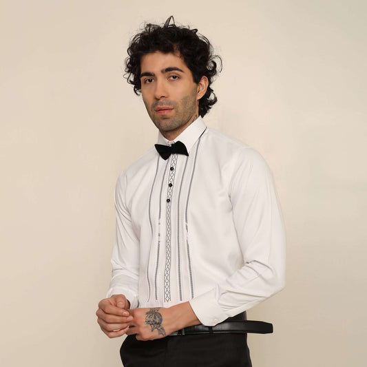 Model Posing Right wearing Pleated Crystal Designer White Tuxedo Shirt for Men by Crease India, which is perfect formal wear white shirt for wedding reception and black tie events.