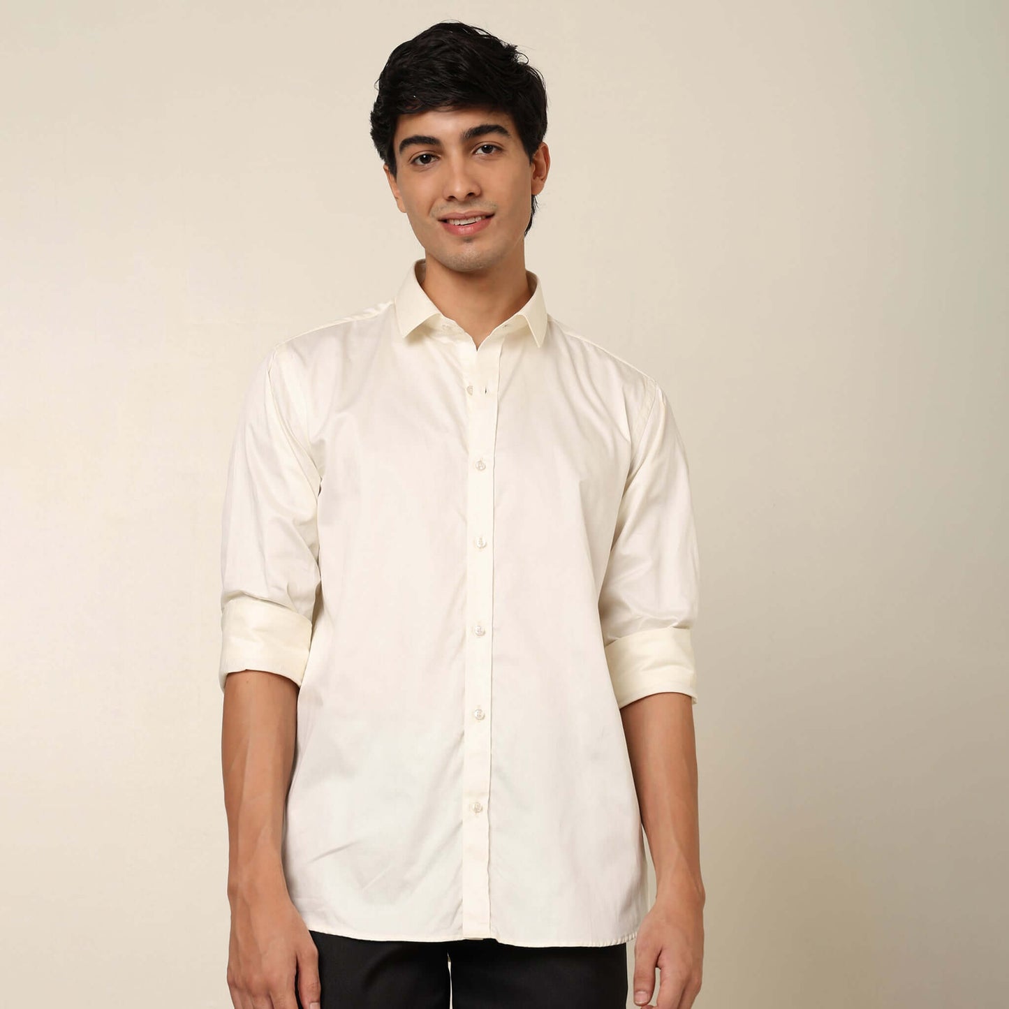 Comfy & Casual Crispy Cream  Cotton Satin Shirt. Regular Fit, Long Sleeves. Perfect Pool Party, Brunches, After Party, Date Night & Travel Shirt. Brand- Crease India