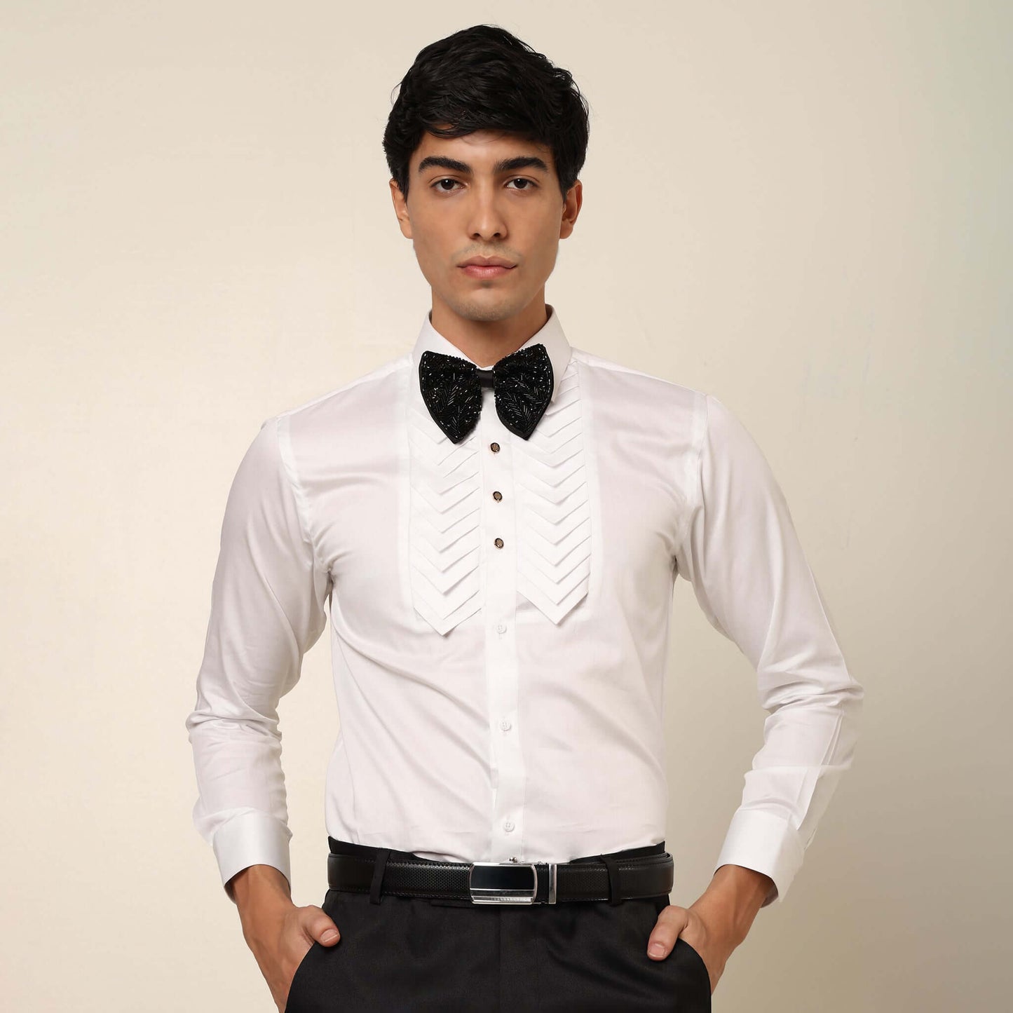Skyline Designer White Tuxedo Shirt for Men which is made up of cotton and has pleated work at the front. Perfect designer formal wear white shirt for weddings and black tie events by Crease India.