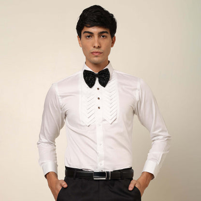 Skyline Designer White Tuxedo Shirt for Men which is made up of cotton and has pleated work at the front. Perfect designer formal wear white shirt for weddings and black tie events by Crease India.