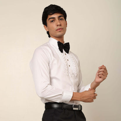 Skyline Designer White Tuxedo Shirt for Men which is made up of cotton and has pleated work at the front. Perfect designer formal wear white shirt for weddings and black tie events by Crease India.
