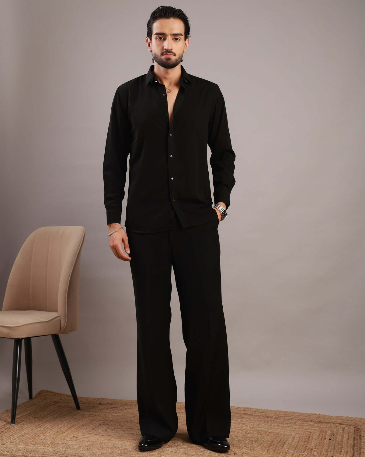 Men’s Black Solid Korean Party Wear Shirt | Crease India