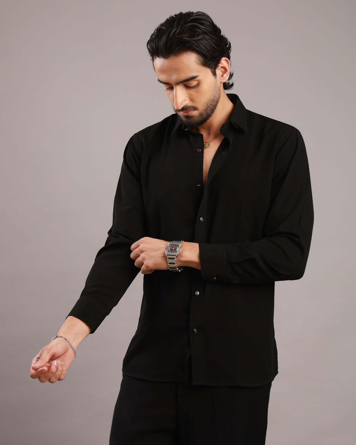 Men’s Black Solid Korean Party Wear Shirt | Crease India