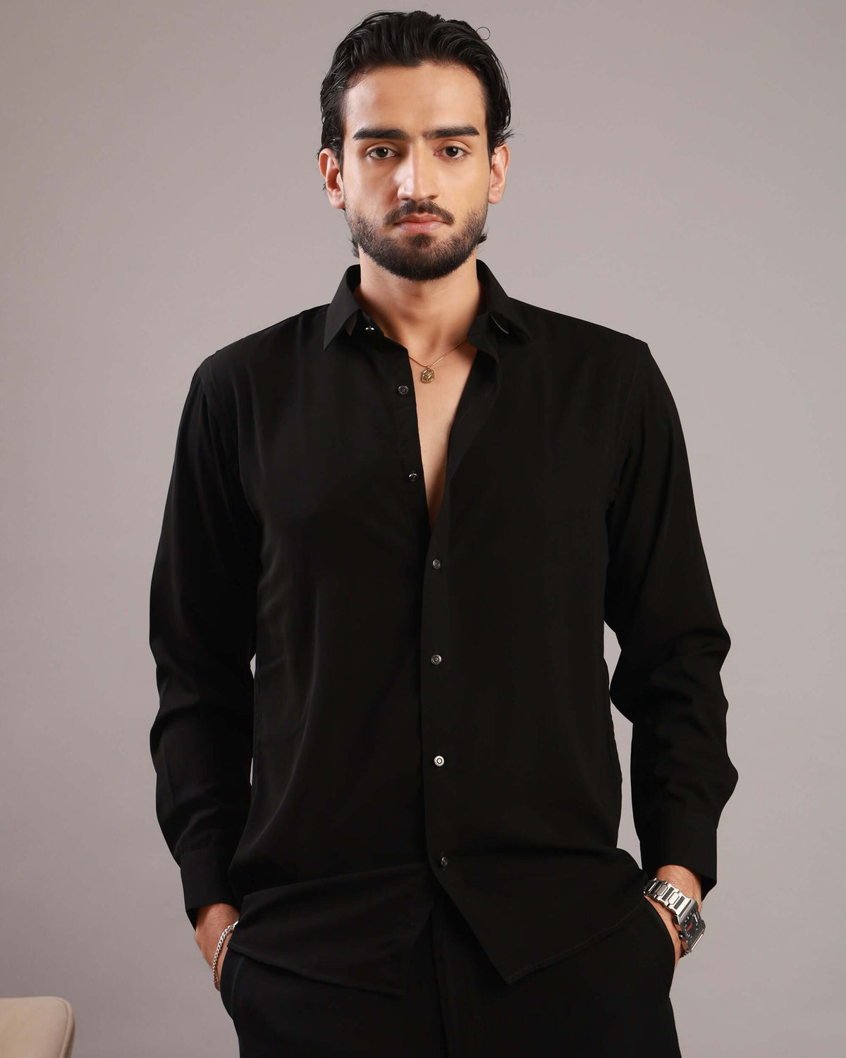Men’s Black Solid Korean Party Wear Shirt | Crease India