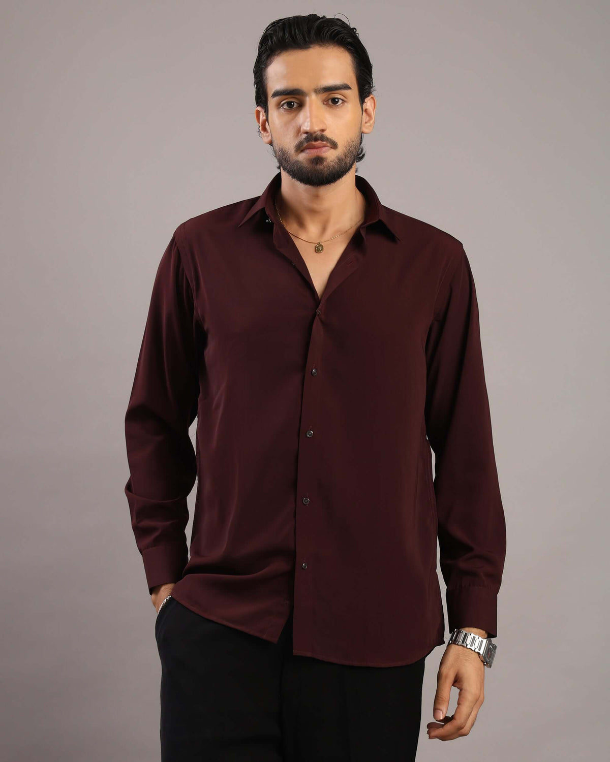 Men’s Burgundy Solid Korean Party Wear Shirt | Crease India