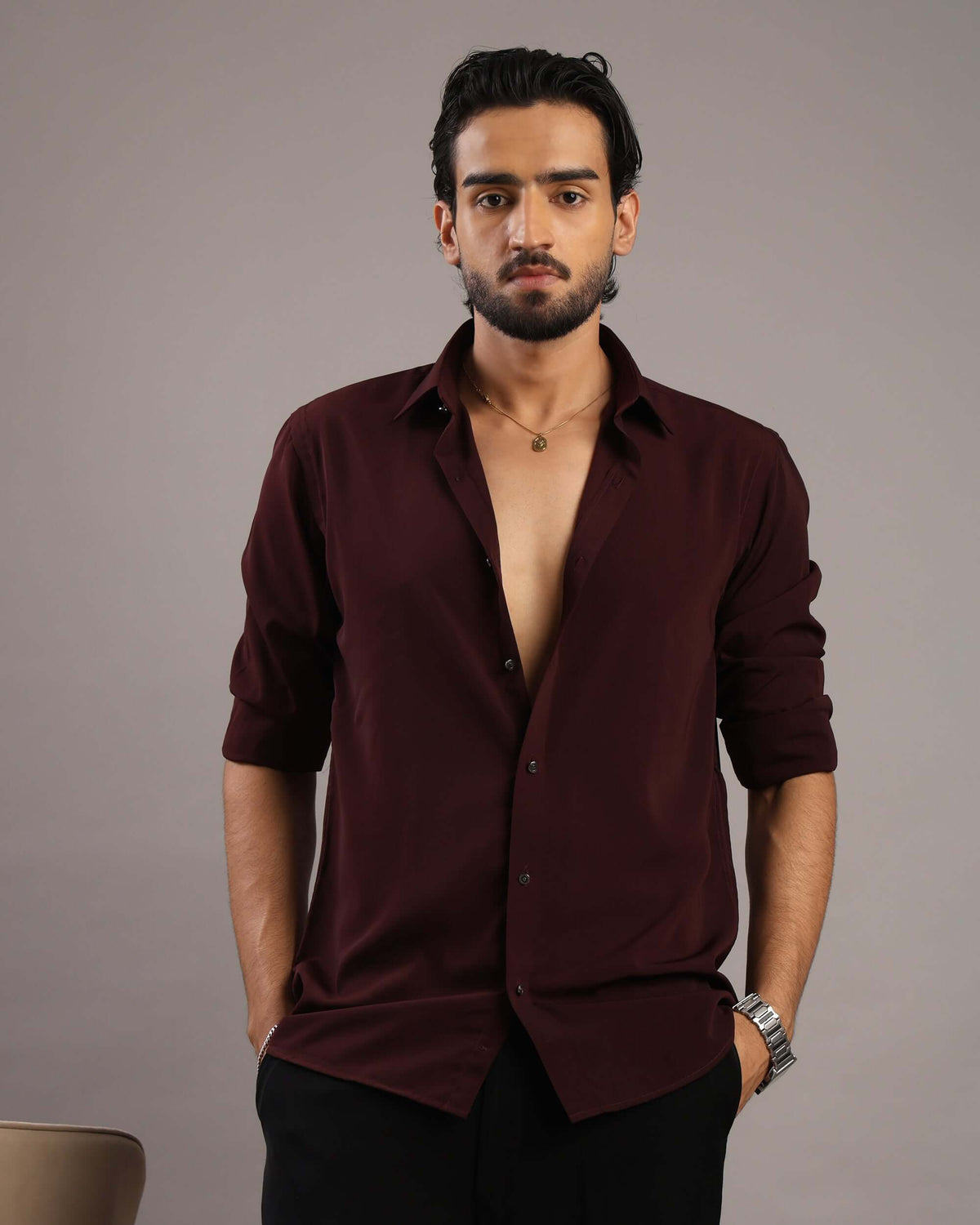 Men’s Burgundy Solid Korean Party Wear Shirt | Crease India