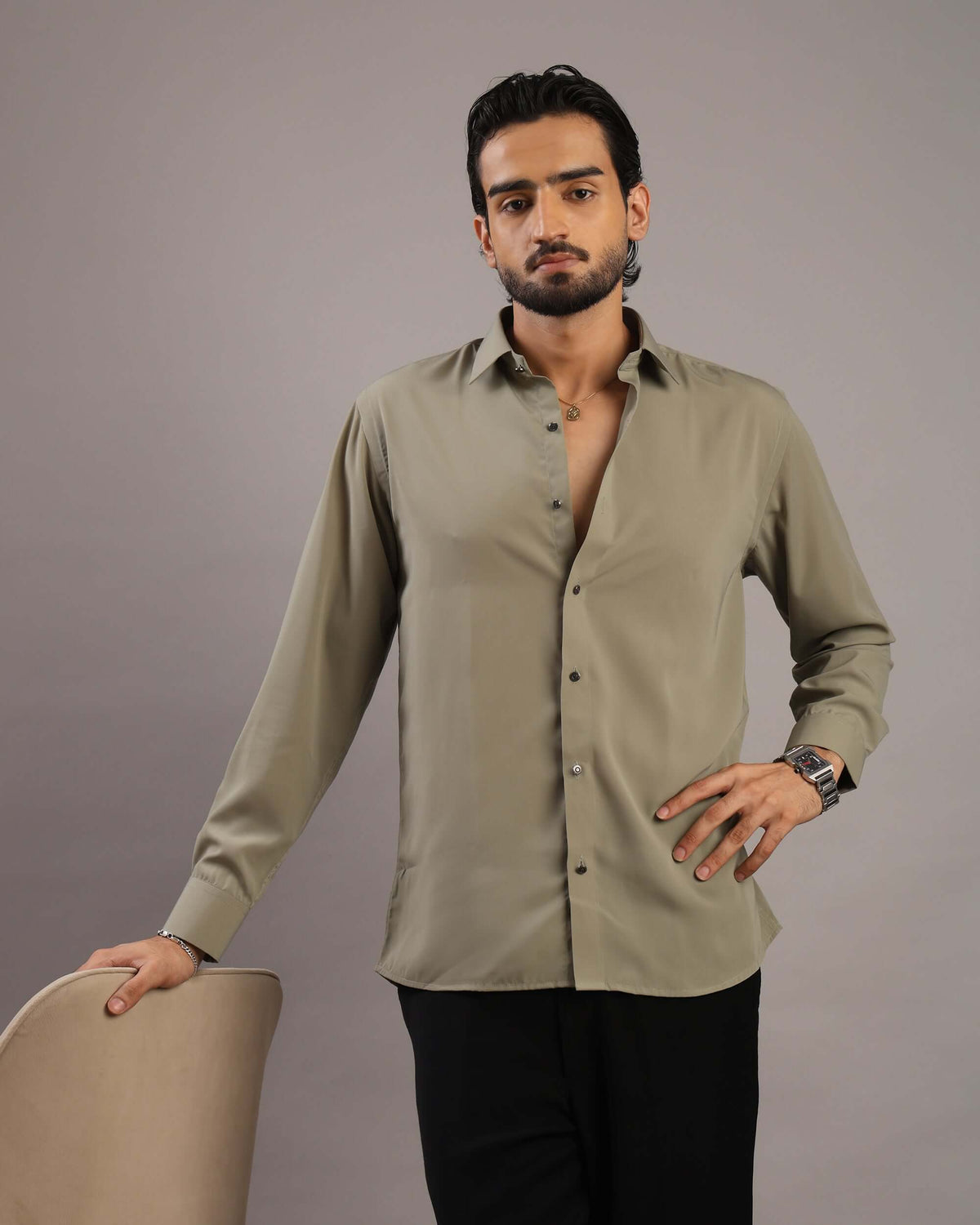 Men’s Sage Olive Solid Korean Party Wear Shirt | Crease India
