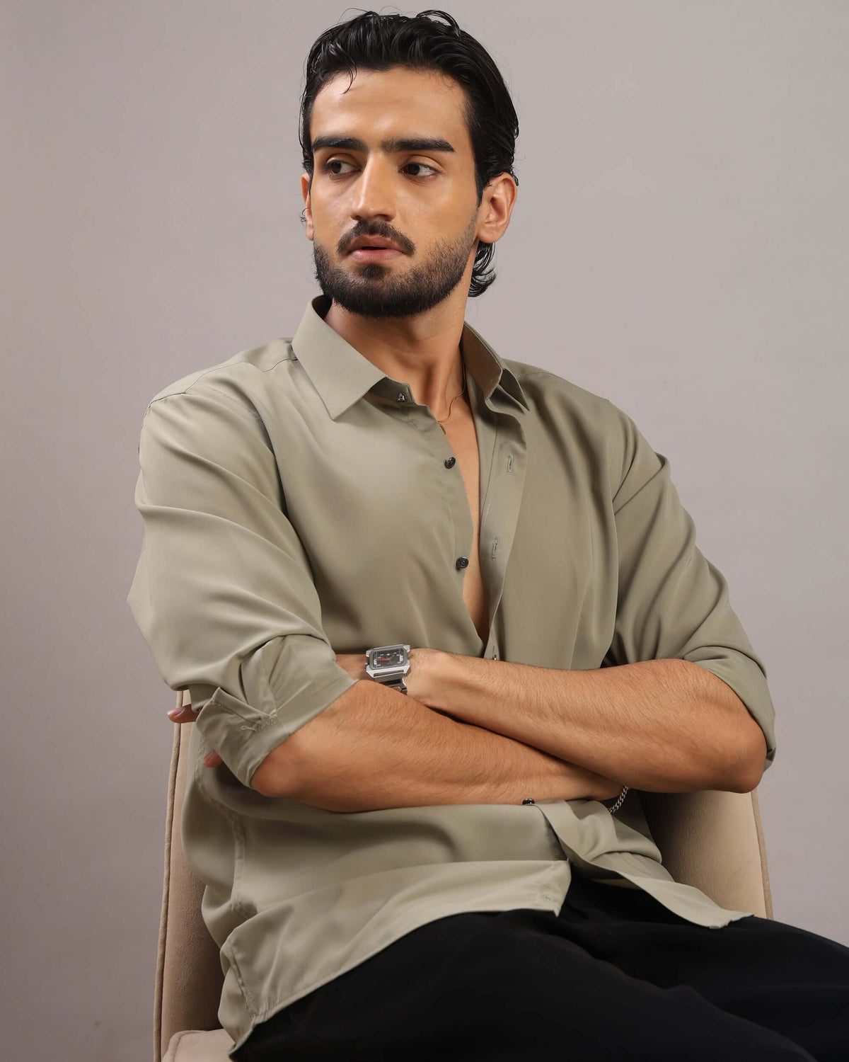 Men’s Sage Olive Solid Korean Party Wear Shirt | Crease India