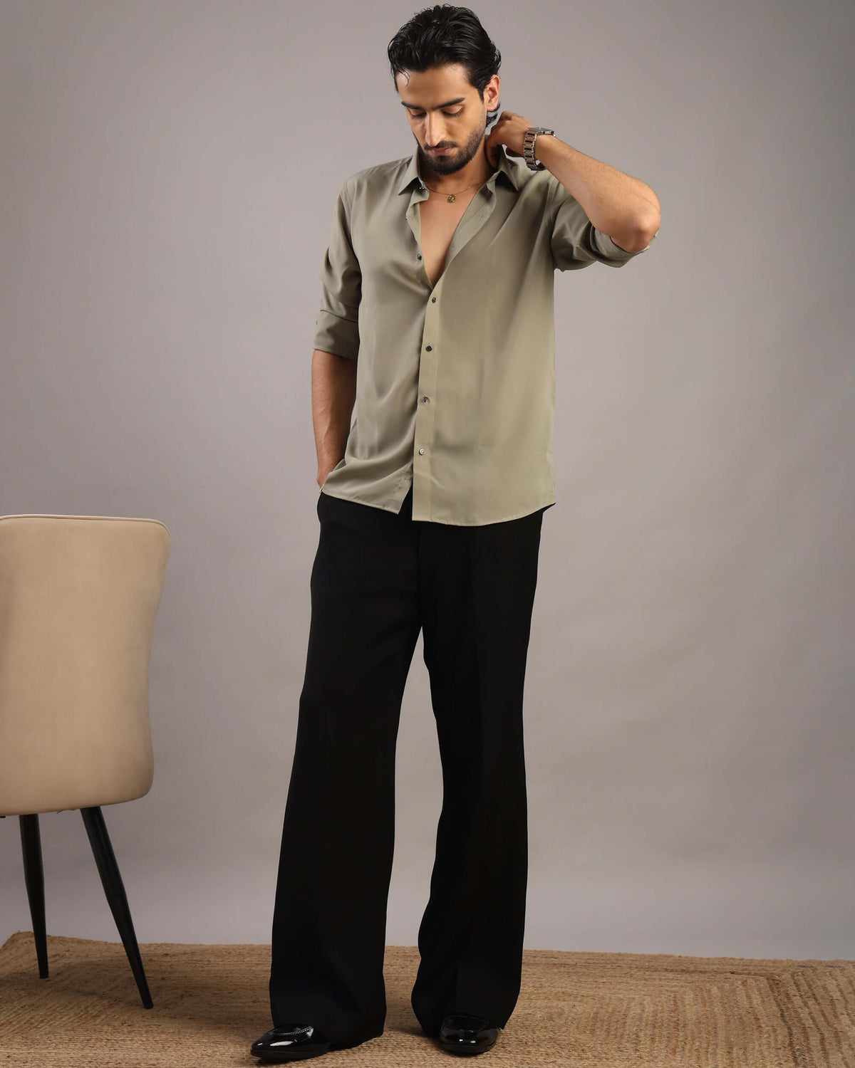 Men’s Sage Olive Solid Korean Party Wear Shirt | Crease India