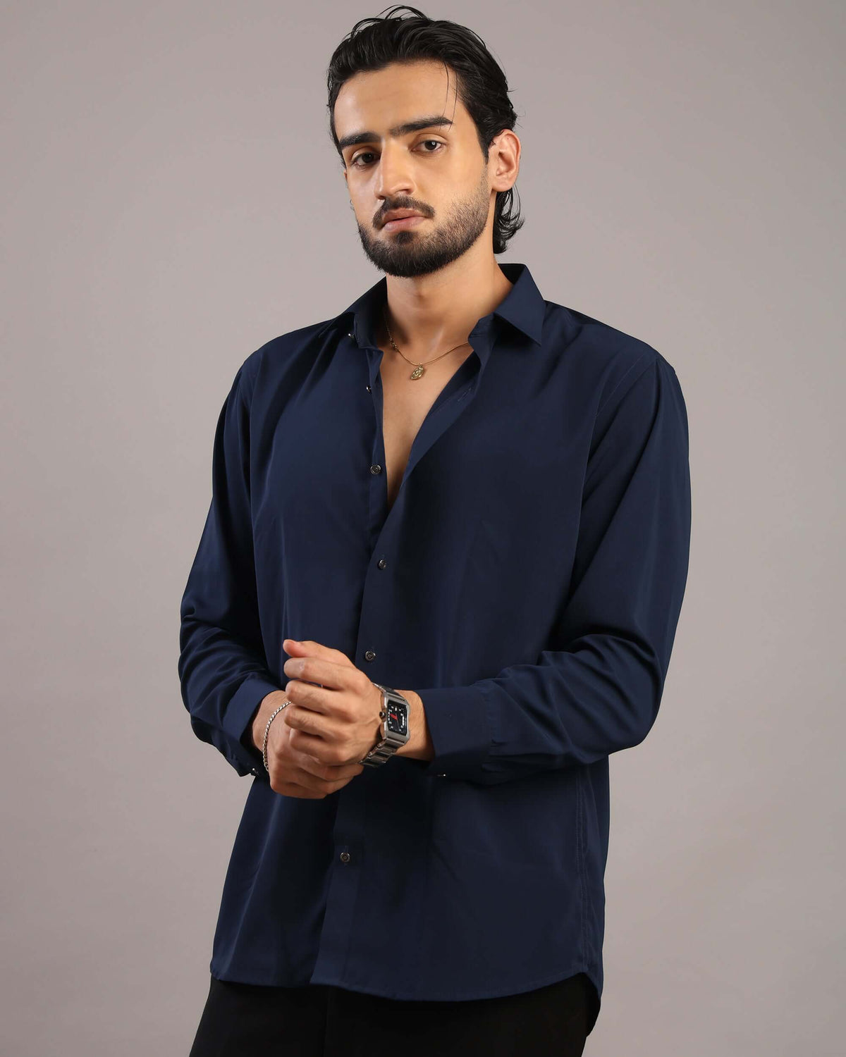 Men’s Midnight Blue Solid Korean Party Wear Shirt | Crease India