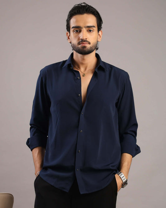 Men’s Midnight Blue Solid Korean Party Wear Shirt | Crease India