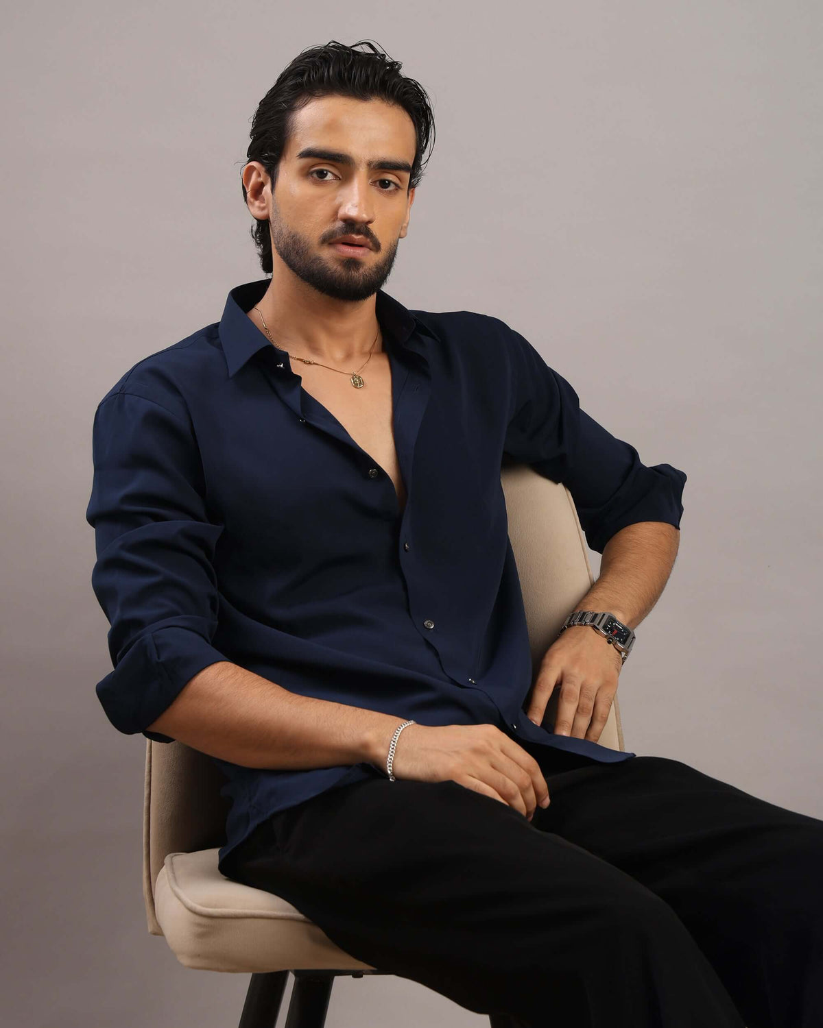 Men’s Midnight Blue Solid Korean Party Wear Shirt | Crease India