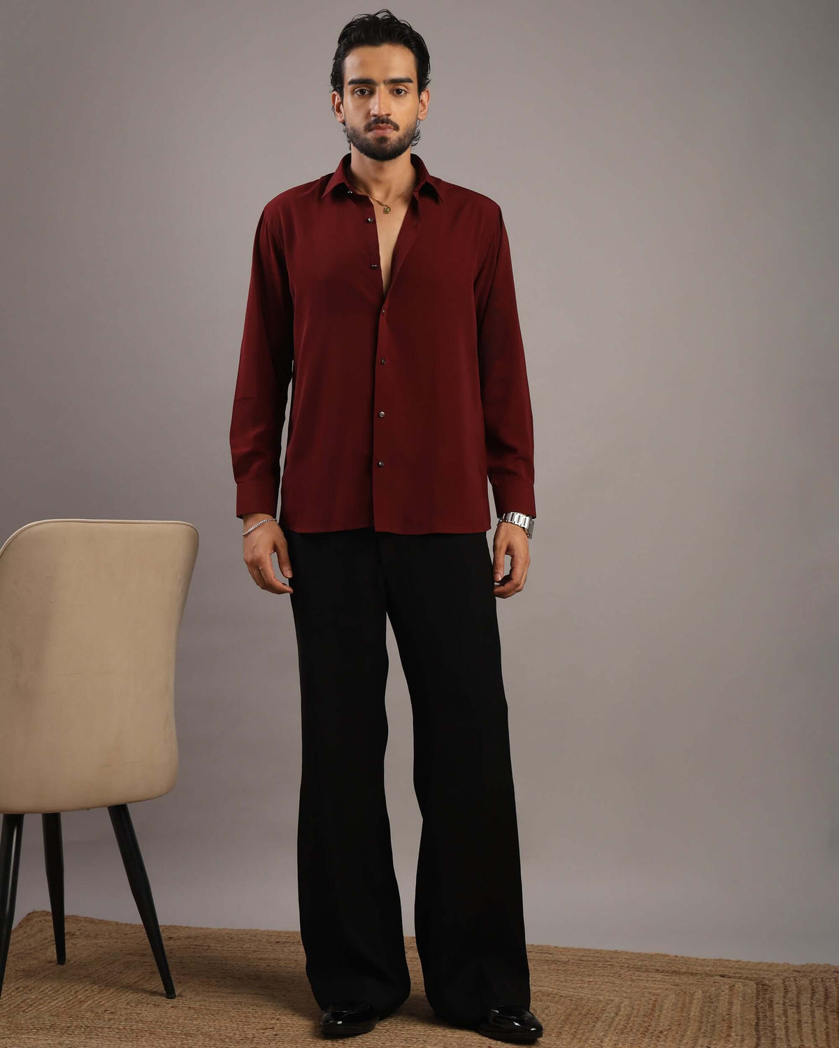 Men’s Wine Red Solid Korean Party Wear Shirt | Crease India