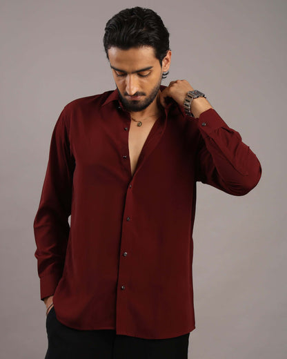Men’s Wine Red Solid Korean Party Wear Shirt | Crease India