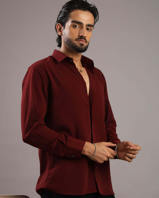 Men’s Wine Red Solid Korean Party Wear Shirt | Crease India