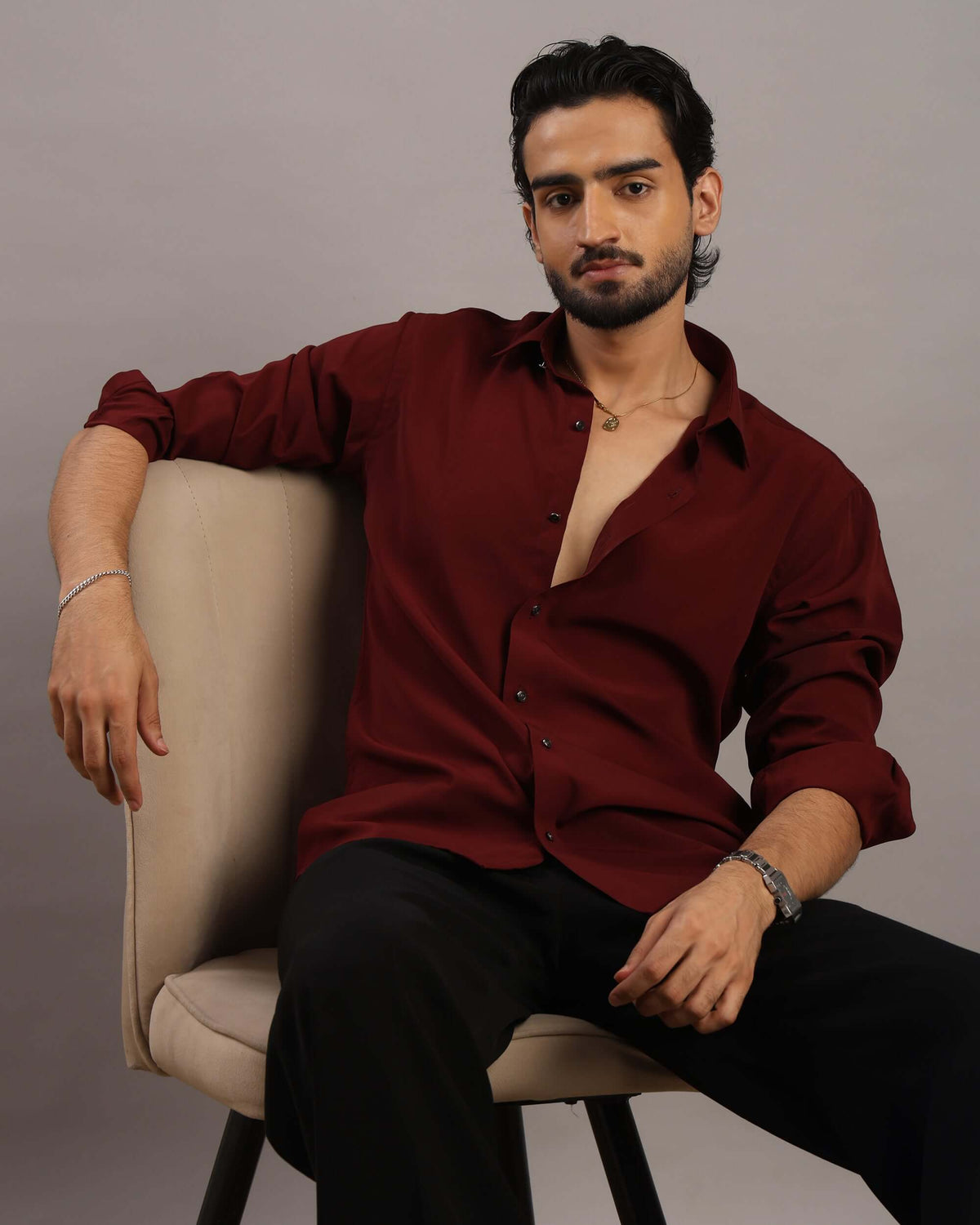 Men’s Wine Red Solid Korean Party Wear Shirt | Crease India