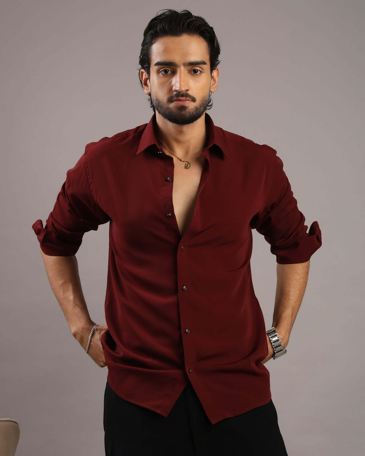 Men’s Wine Red Solid Korean Party Wear Shirt | Crease India