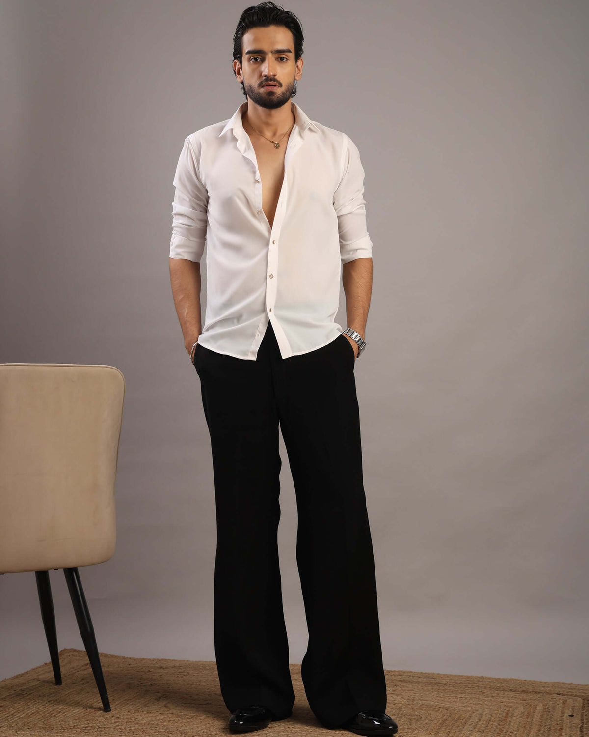 Men’s White Solid Korean Party Wear Shirt | Crease India