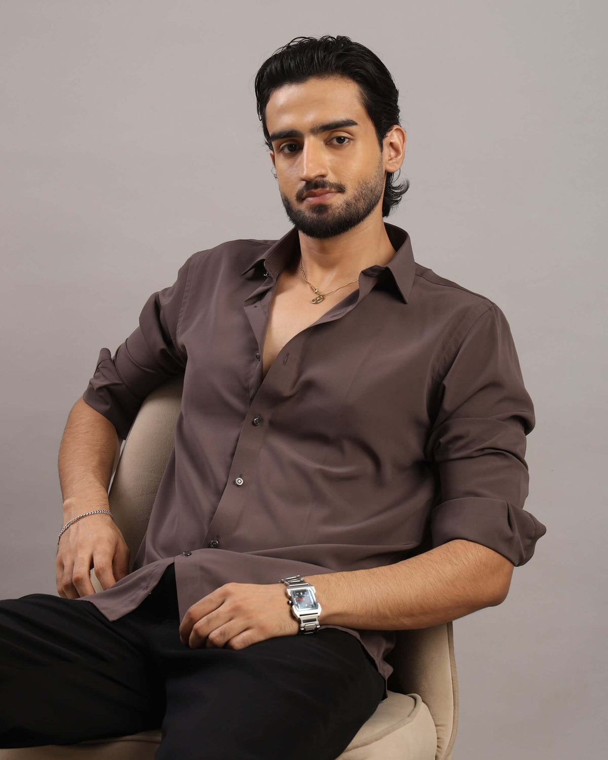 Men’s Dark Grey Solid Korean Party Wear Shirt | Crease India