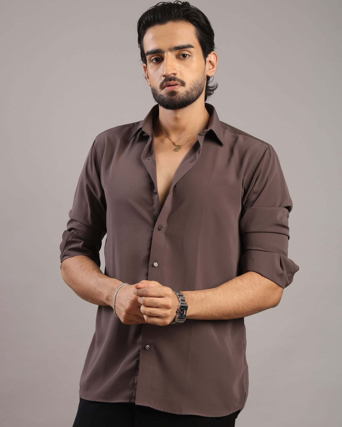 Men’s Dark Grey Solid Korean Party Wear Shirt | Crease India