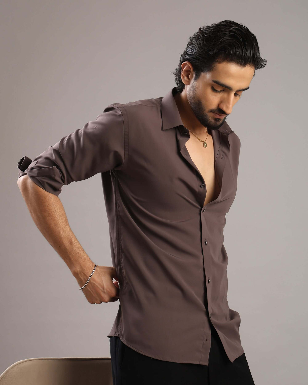 Men’s Dark Grey Solid Korean Party Wear Shirt | Crease India