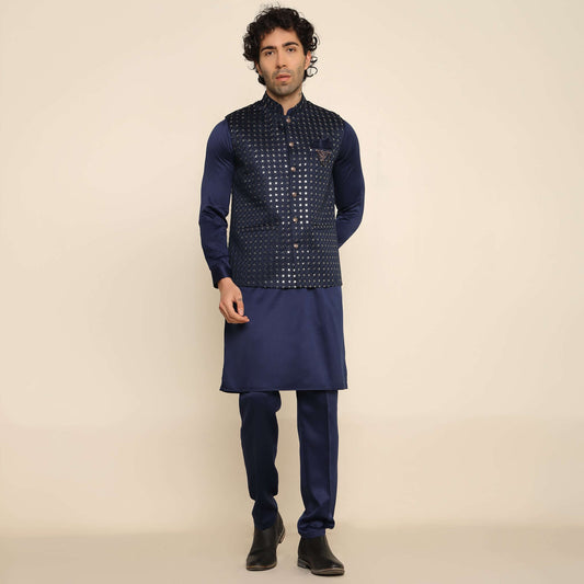 Blue Sequence Chikan Embroidered Kurta Koti Set for Men