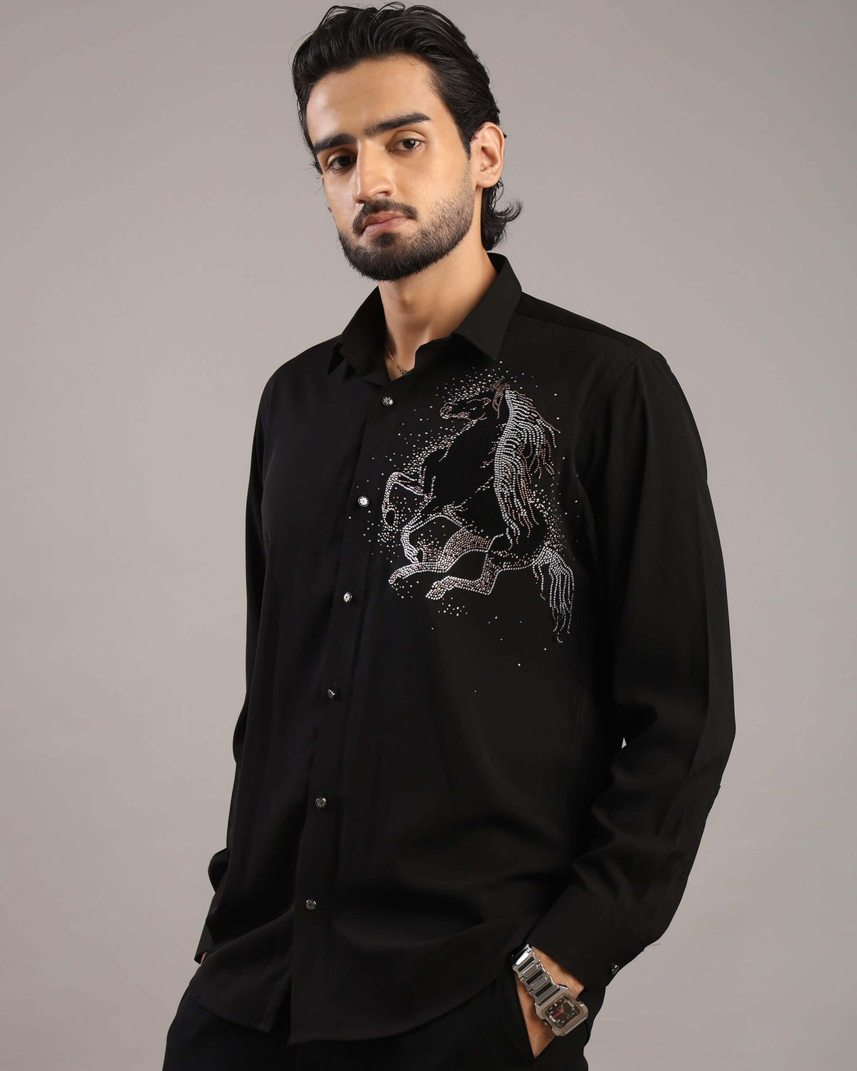 Silver Stallion Black Party Wear Shirt for Men