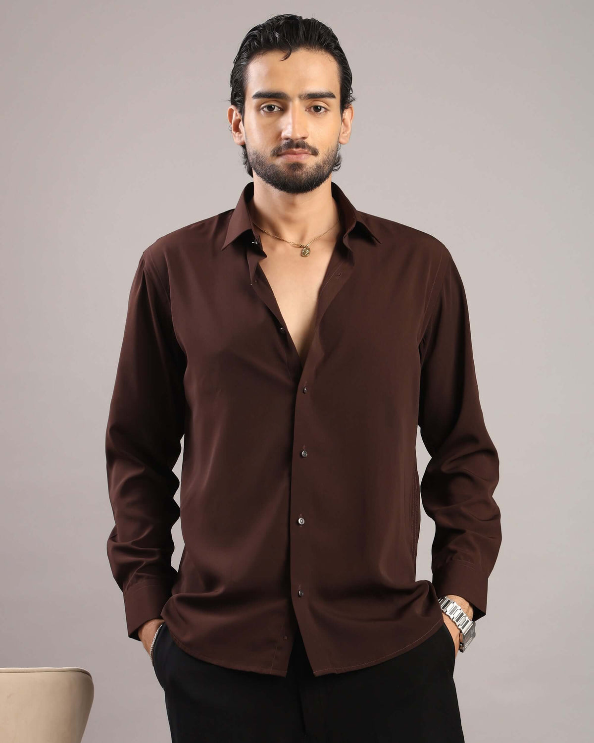 Men’s Dark Brown Solid Korean Party Wear Shirt | Crease India