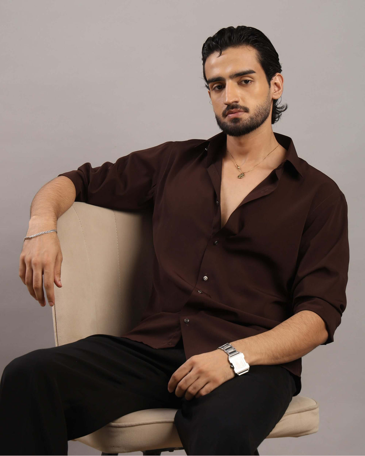Men’s Dark Brown Solid Korean Party Wear Shirt | Crease India
