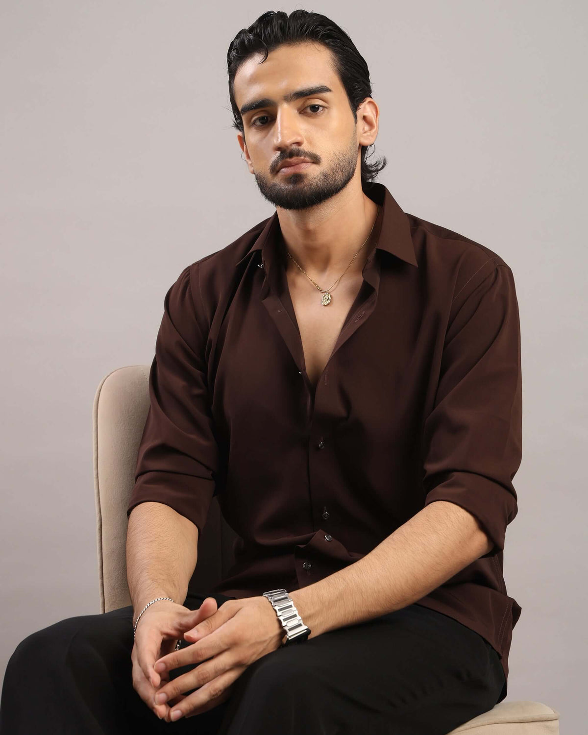 Men’s Dark Brown Solid Korean Party Wear Shirt | Crease India