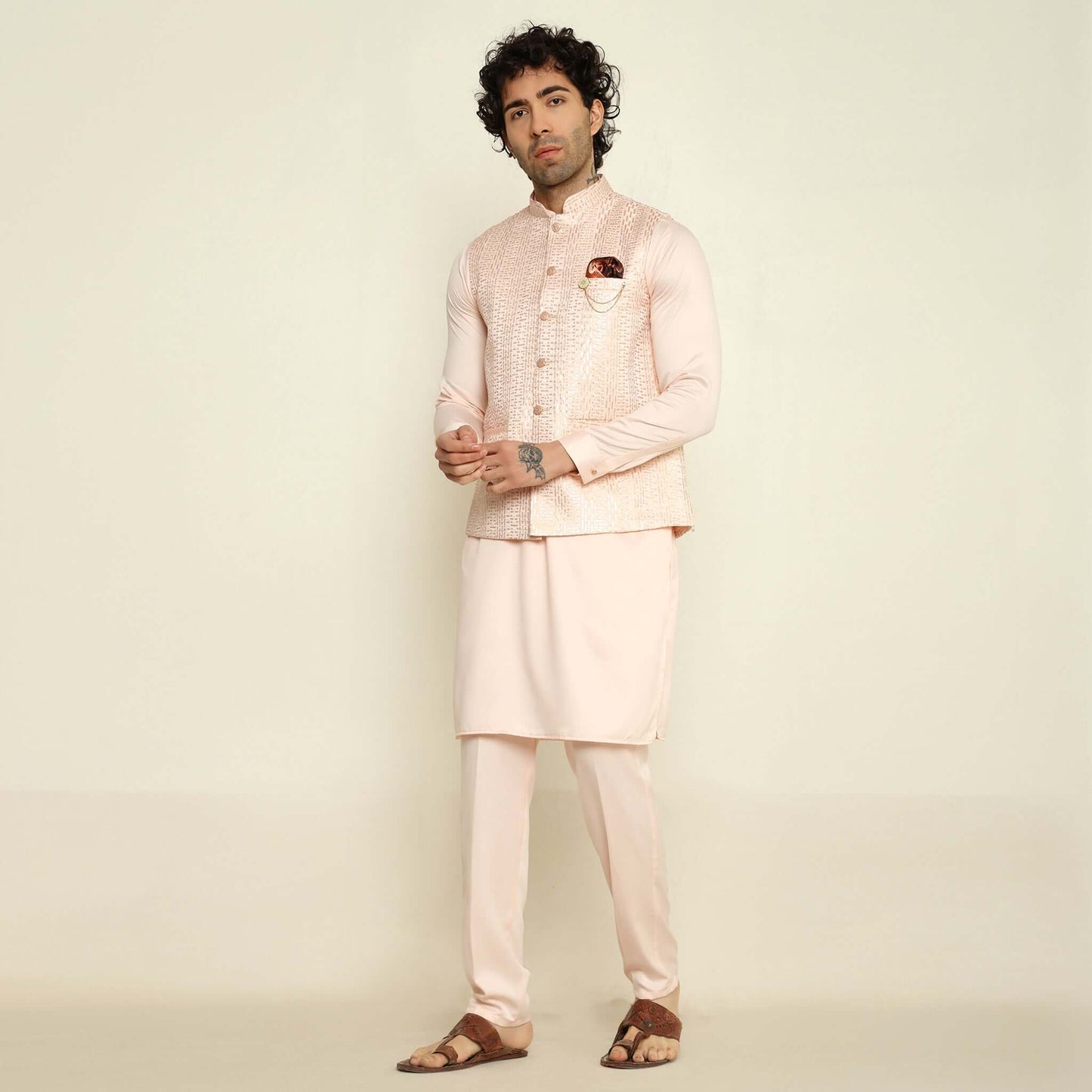 Pink Sequence Embroidered Kurta Koti Set for Men