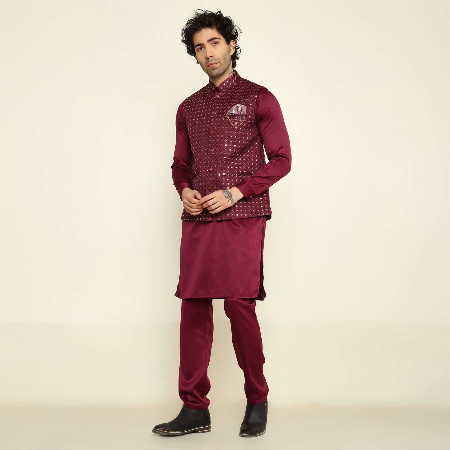 Wine Sequence Chikan Embroidered Kurta Koti Set for Men