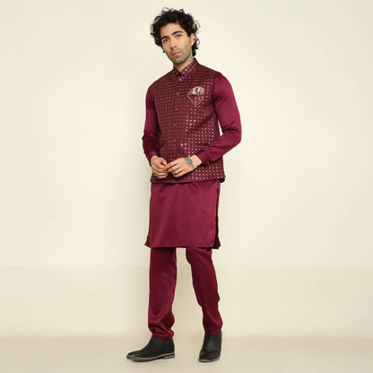 Wine Sequence Chikan Embroidered Kurta Koti Set for Men