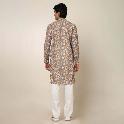 Grey Floral Wedding Kurta for Men which has embroidery and floral prints. Perfect mens floral kurta for male by Crease India.