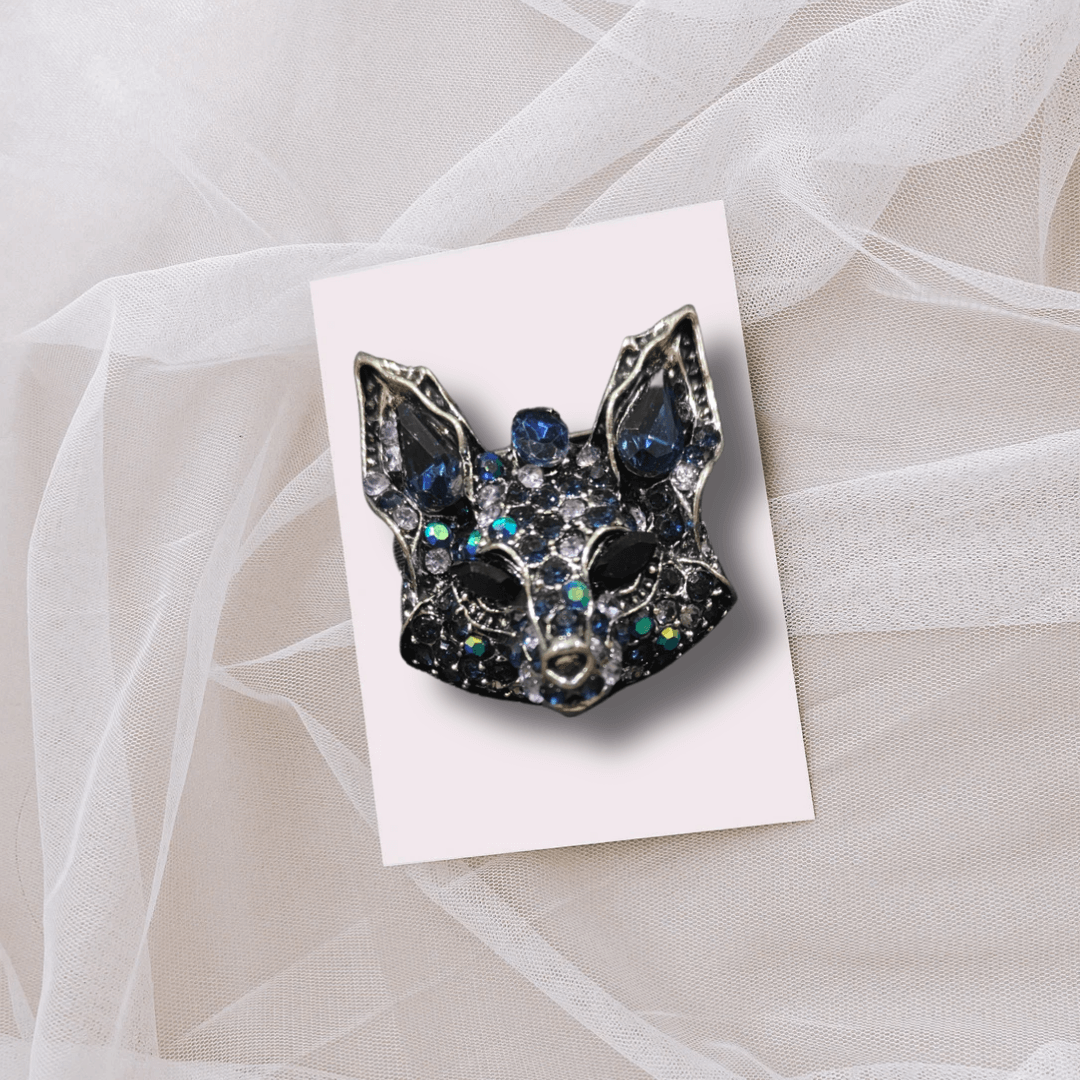 Men's Fox Face Brooch Lapel Pin on a soft background, featuring a bold enamel design with sparkling details.