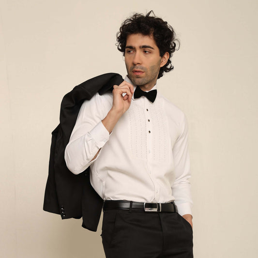 Quilted Designer White Tuxedo Shirt for Men which is made up of satin and has quilting work at the front. Perfect designer formal wear white shirt for weddings and black tie events by Crease India.