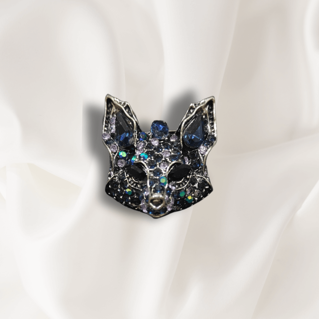 Men's Fox Face Brooch Lapel Pin design featuring sparkling enamel and jewel accents on a white fabric backdrop.