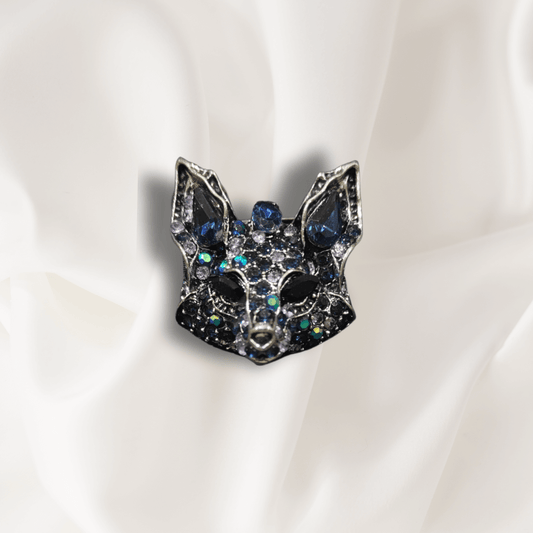 Men's Fox Face Brooch Lapel Pin design featuring sparkling enamel and jewel accents on a white fabric backdrop.