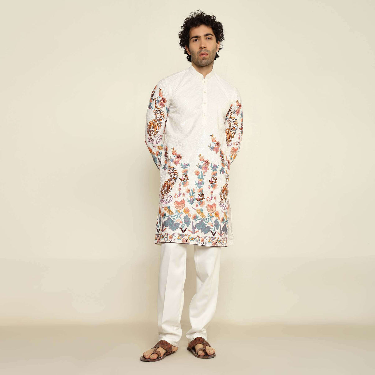 White Floral Kurta Pant Jacket Set for Men Sophisticated Jacquard Silk Attire - Buy main image 1