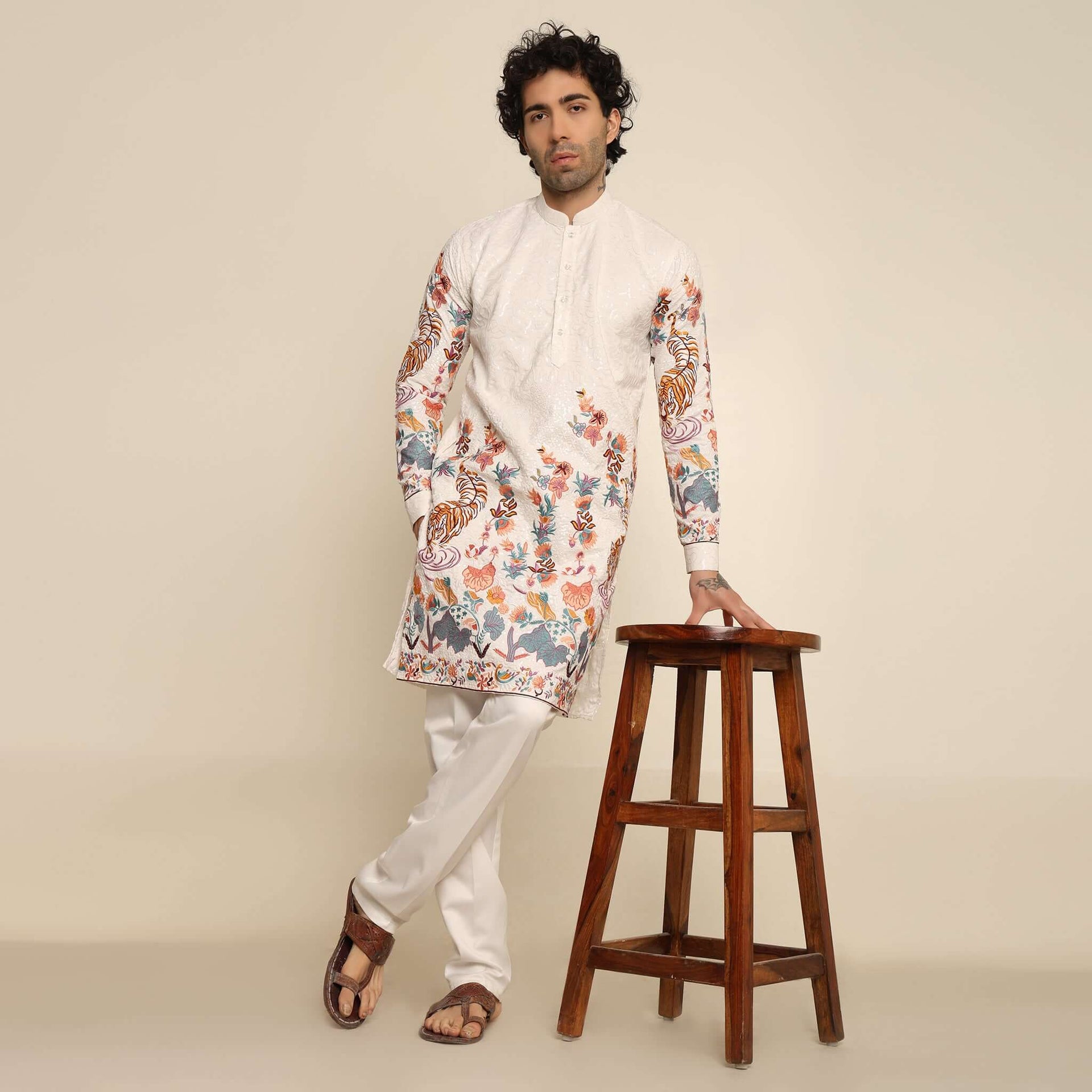White Floral Embroidered Kurta for Men