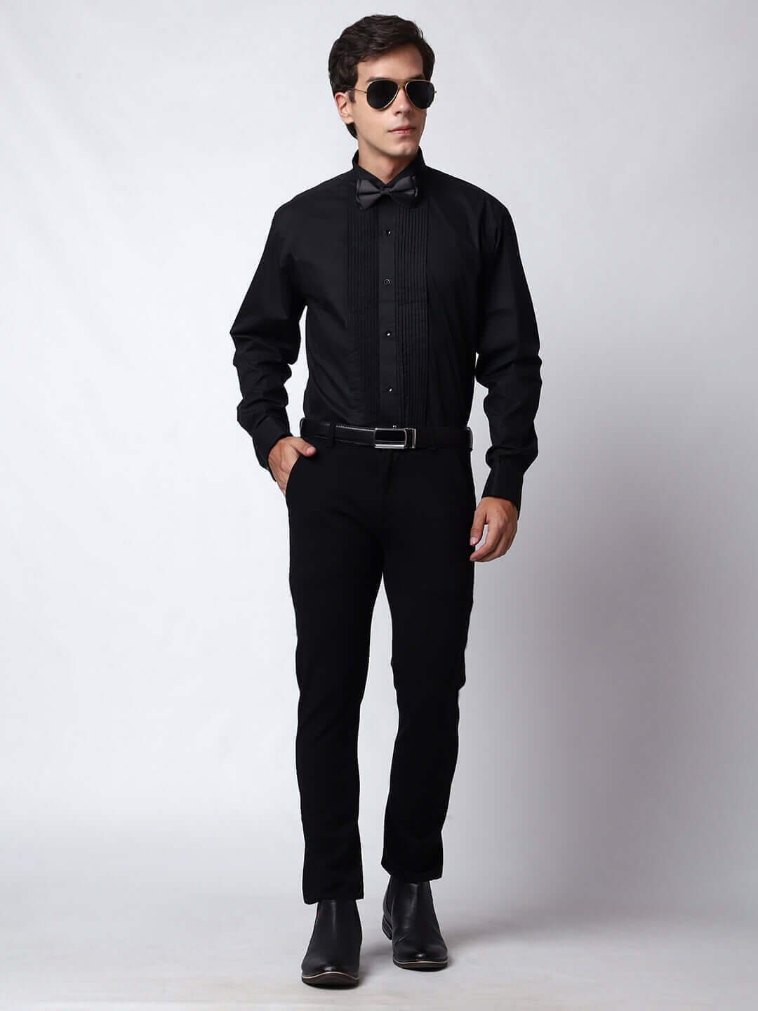 Black Pintex Designer Tuxedo Shirt for Men which is made up of cotton and has wing tip collar with french cuffs. Perfect designer formal wear black shirt for weddings and black tie events by Crease India.