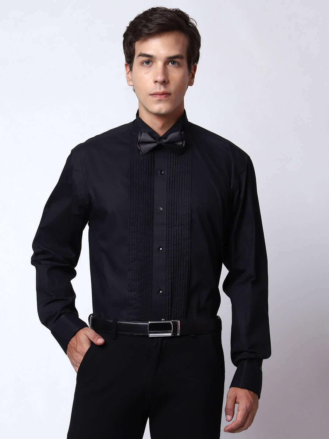 Black Pintex Designer Tuxedo Shirt for Men which is made up of cotton and has wing tip collar with french cuffs. Perfect designer formal wear black shirt for weddings and black tie events by Crease India.